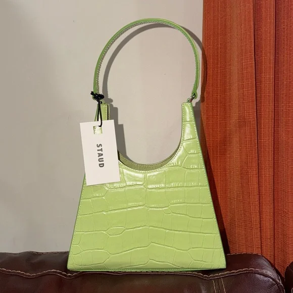 🔥🔥🔥NEW Staud Rey Green Croc Embossed Leather Shoulder Bag - Picture 1 of 14